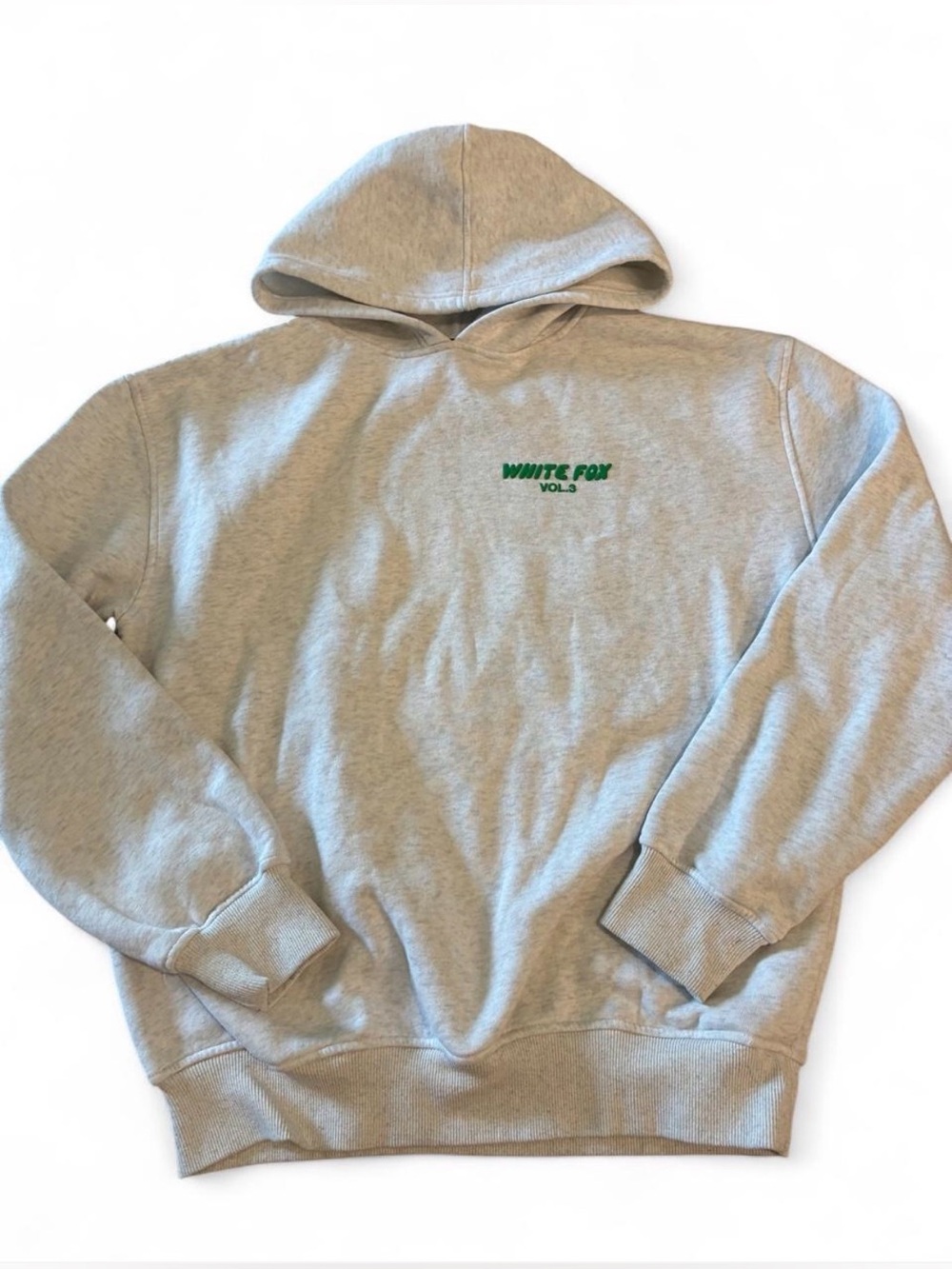 White Fox Light Gray Green Lettering Hoodie Small